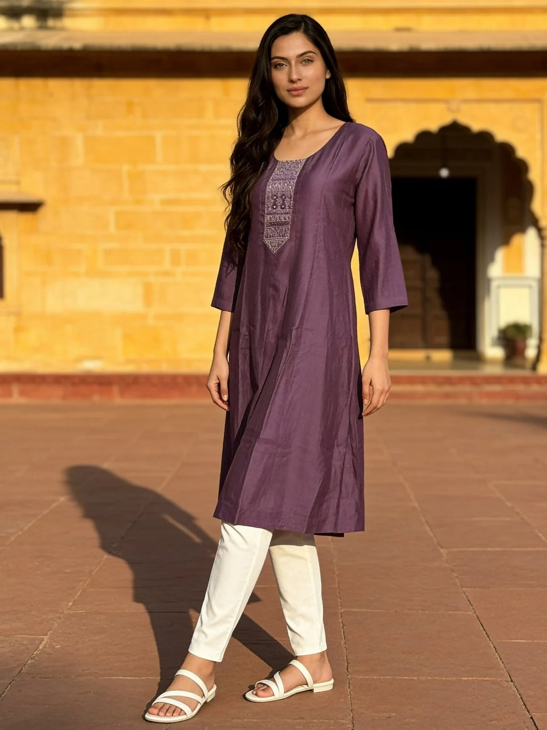 Buy Purple Poly Viscose Embroidered Anarkali Calf Length Kurta-Purple