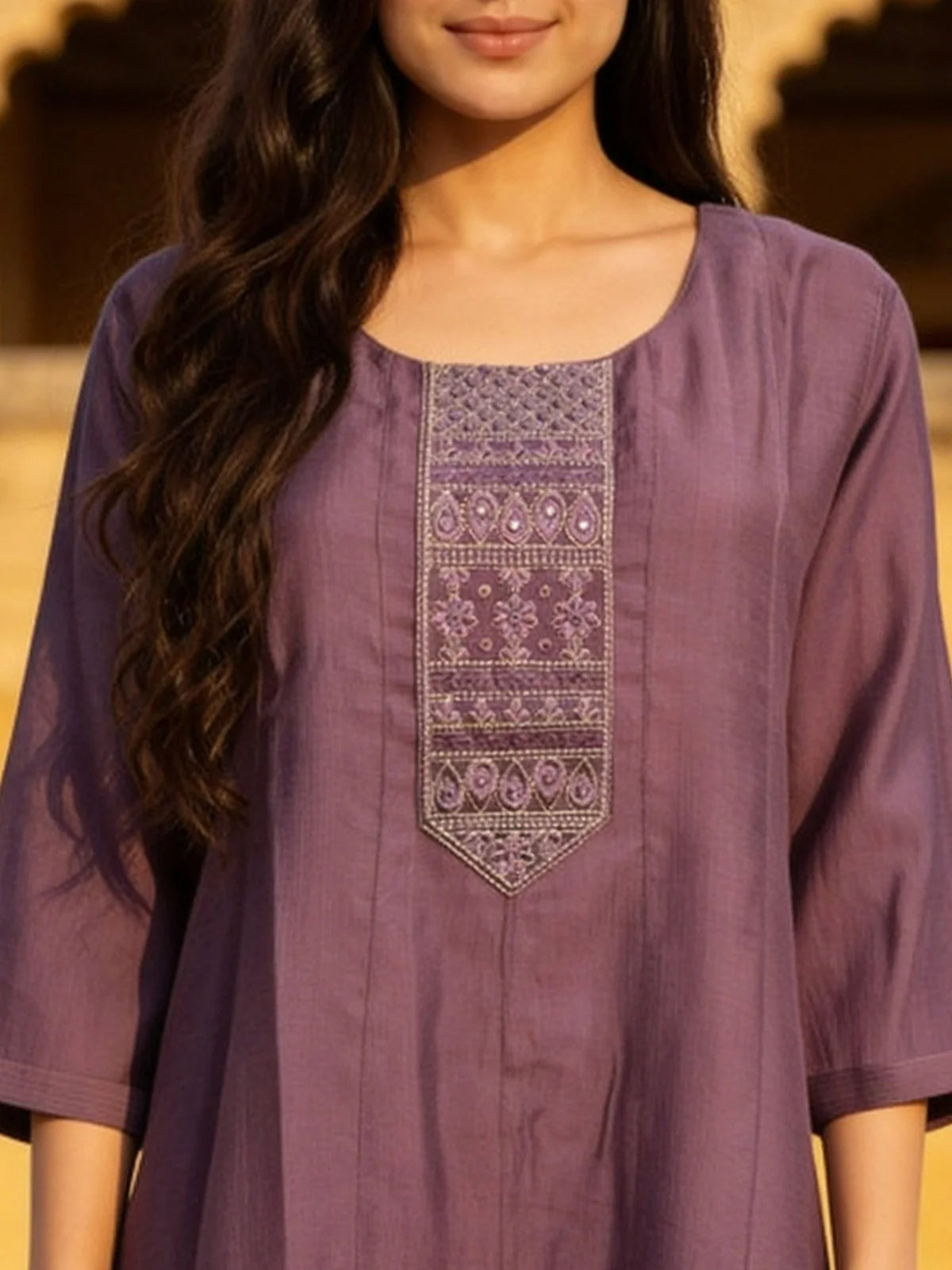 Buy Purple Poly Viscose Embroidered Anarkali Calf Length Kurta-Purple
