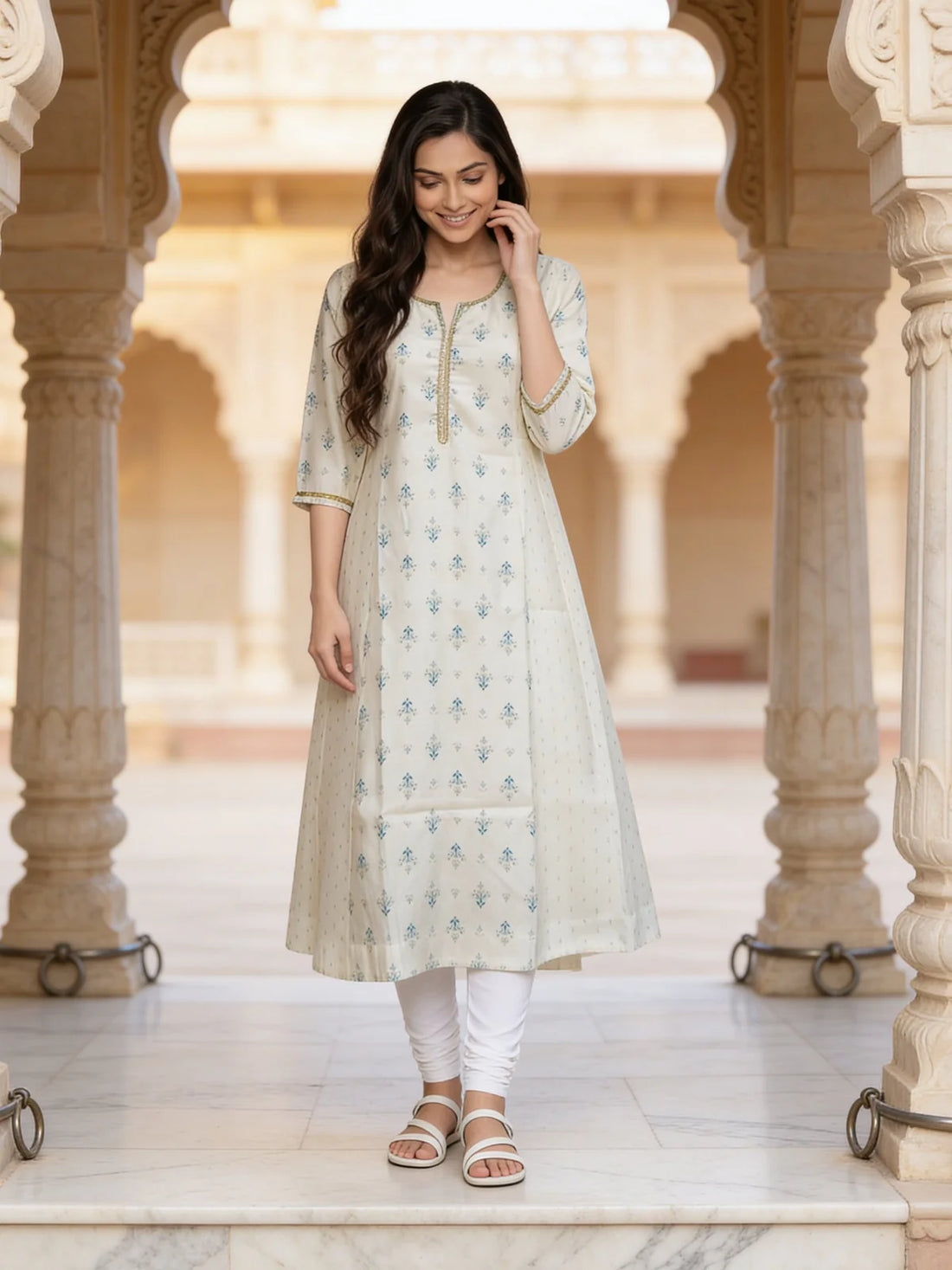 Buy Poly Viscose Embroidered Anarkali Calf Length Kurta-White