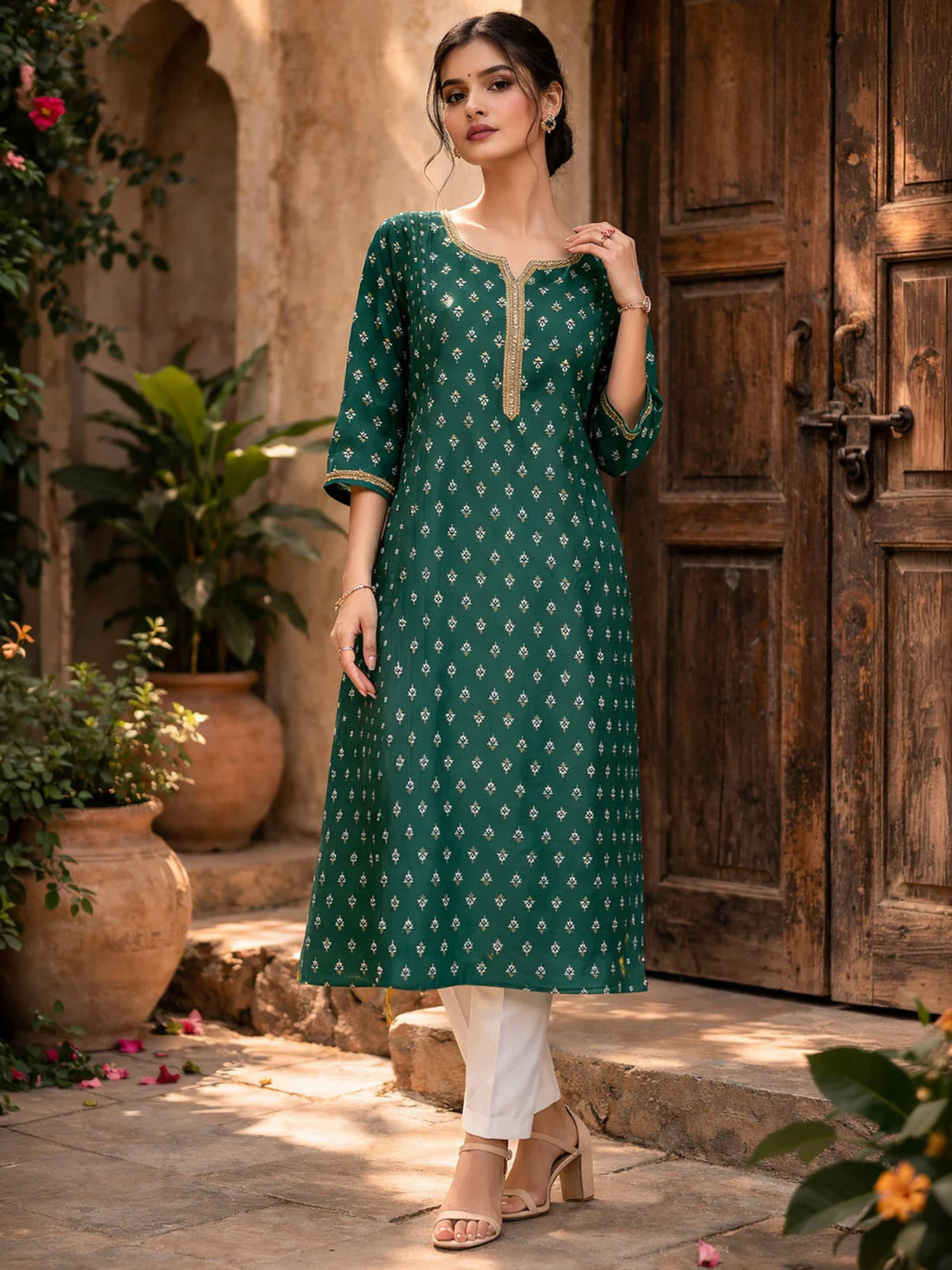 Buy Poly Viscose Embroidered Anarkali Calf Length Kurta-Green