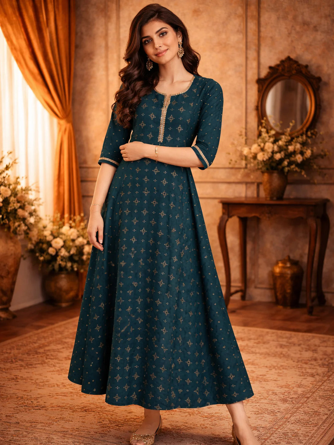 Buy Poly Viscose Embroidered Anarkali Calf Length Kurta-Blue