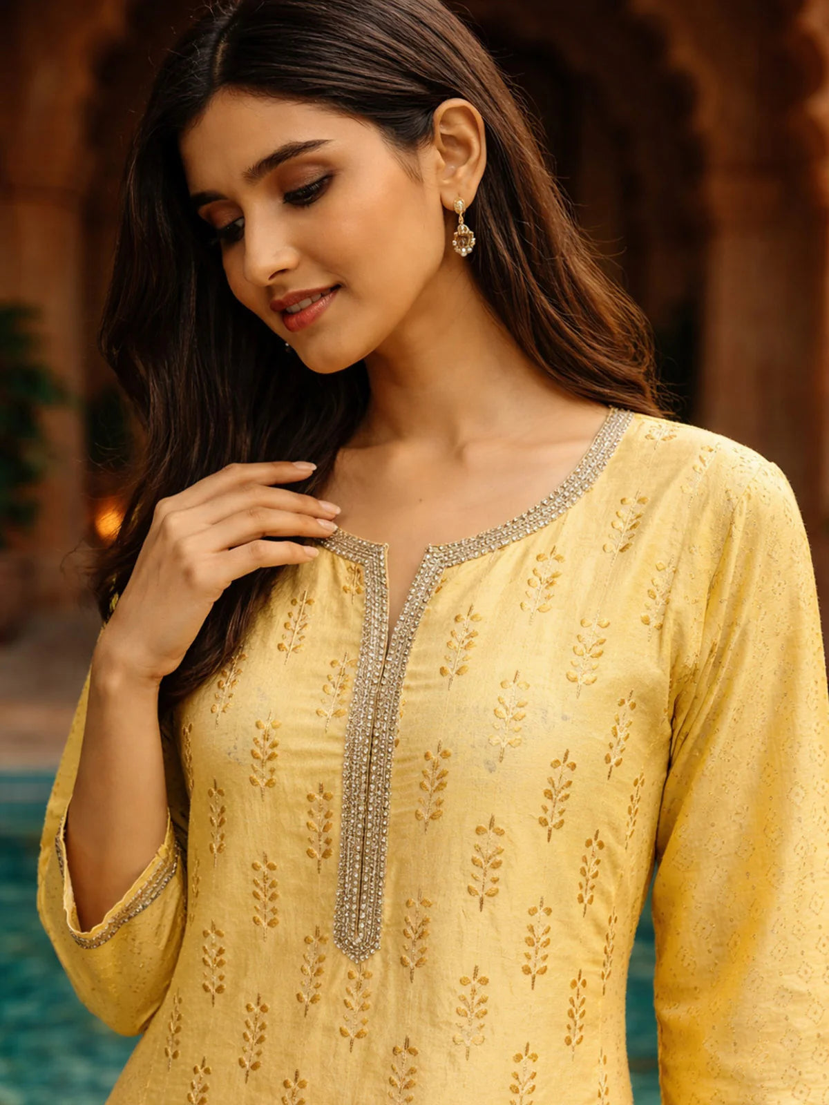 Buy Poly Viscose Embroidered Anarkali Calf Length Kurta-Yellow