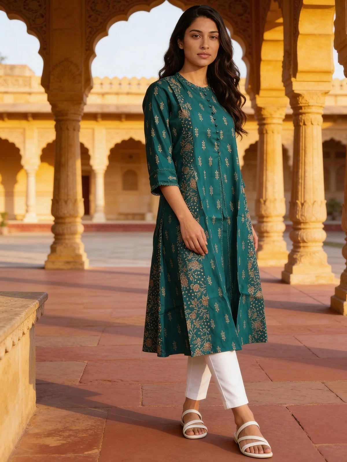 Buy Teal Poly Viscose Printed Anarkali Calf Length Kurta-Teal