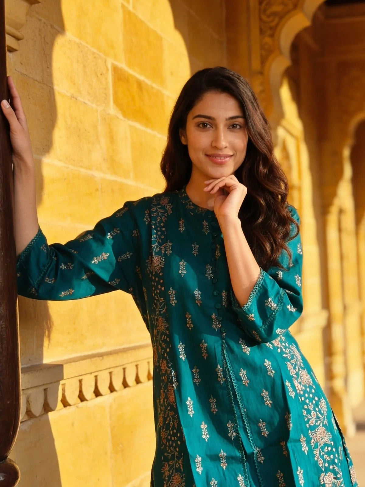 Buy Teal Poly Viscose Printed Anarkali Calf Length Kurta-Teal
