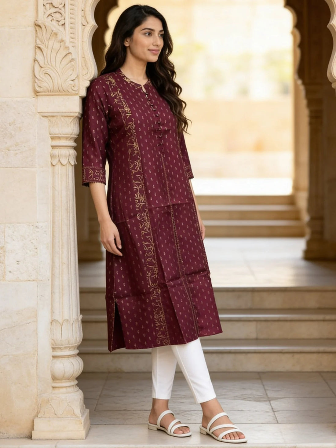 Buy Poly Viscose Printed Anarkali Calf Length Kurta-Wine