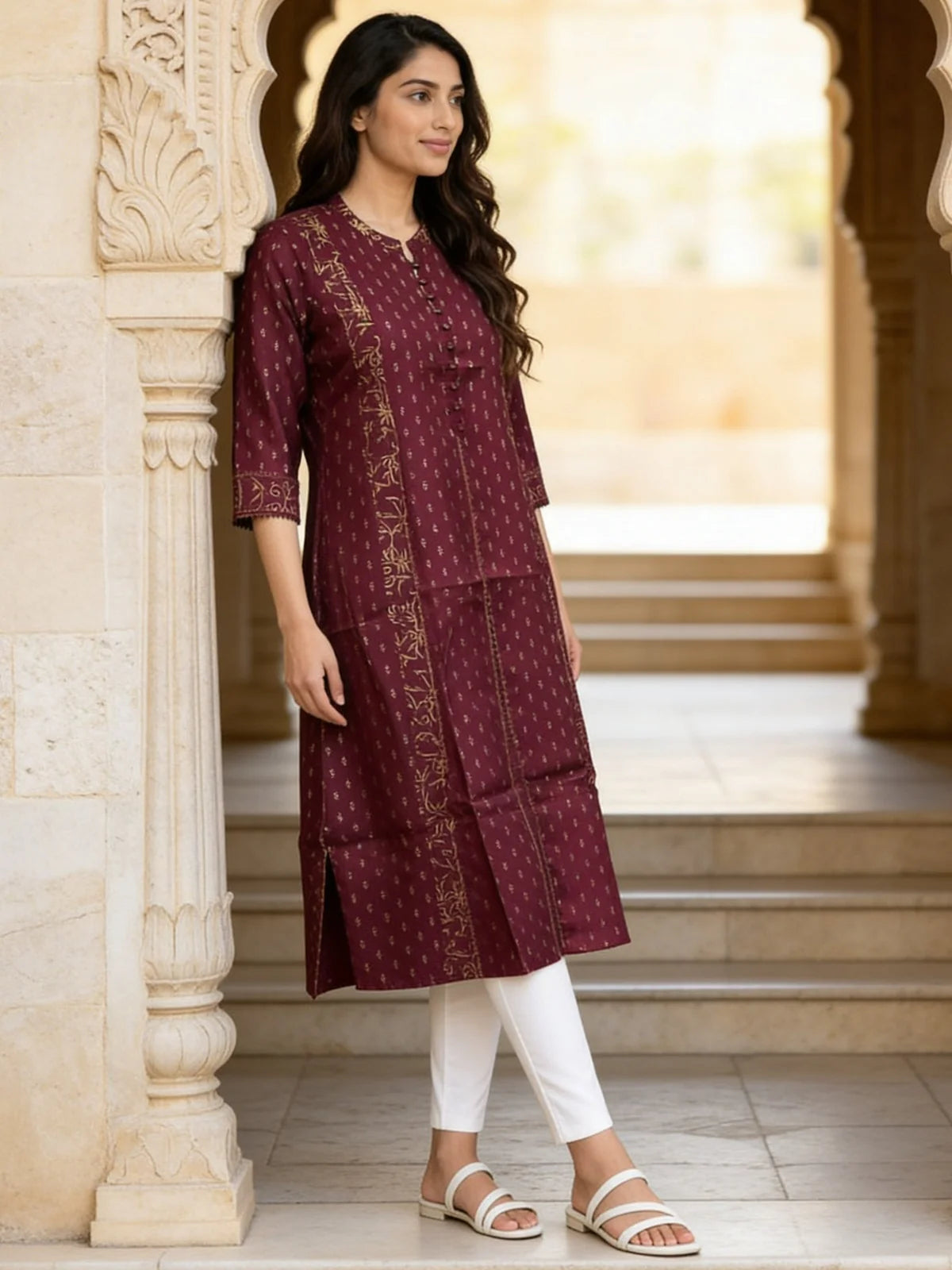 Buy Poly Viscose Printed Anarkali Calf Length Kurta-Wine