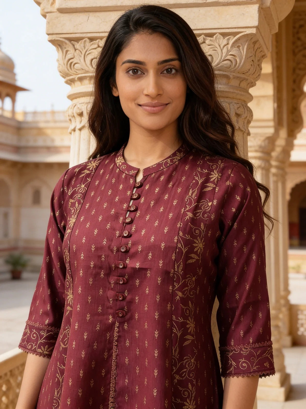 Buy Poly Viscose Printed Anarkali Calf Length Kurta-Wine