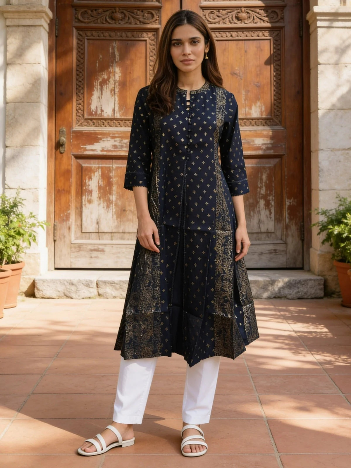 Buy Blue Poly Viscose Printed Anarkali Calf Length Kurta-Blue