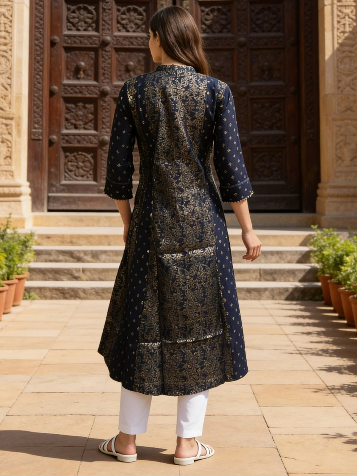Buy Blue Poly Viscose Printed Anarkali Calf Length Kurta-Blue