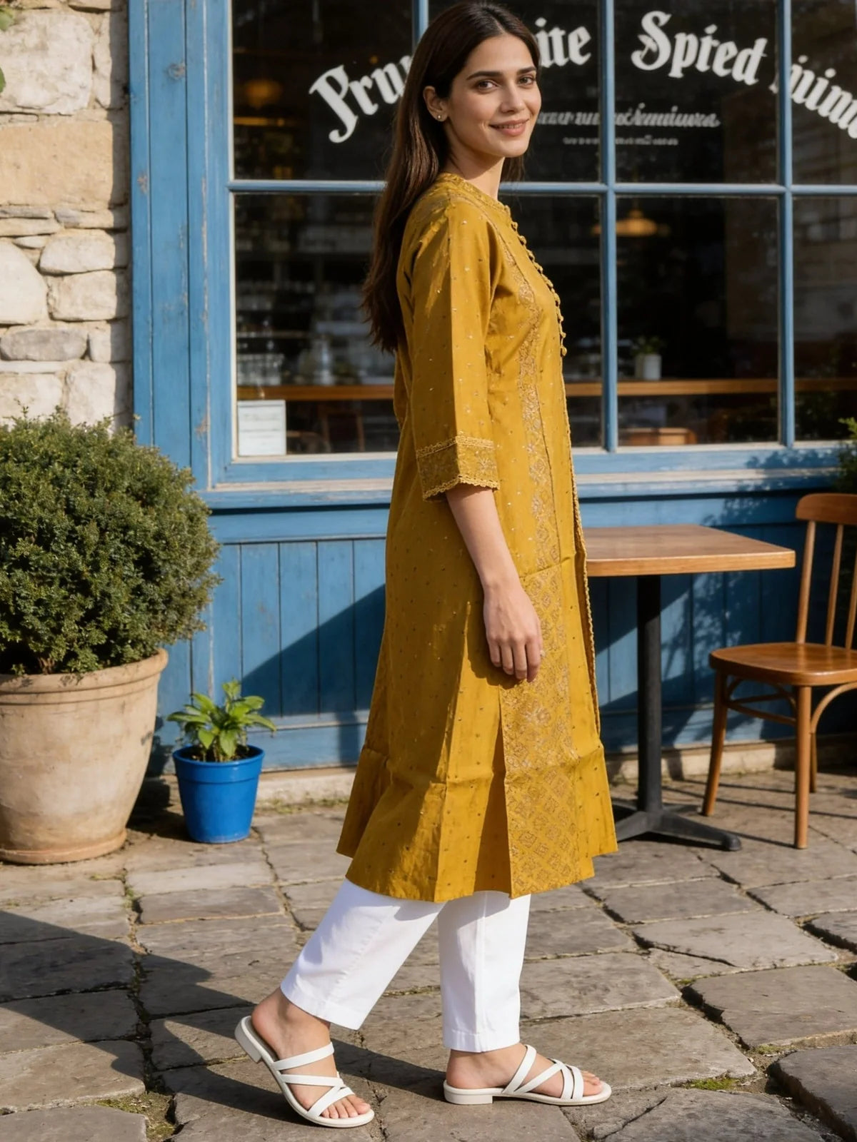 Buy Mustard Poly Viscose Printed Anarkali Calf Length Kurta-Mustard