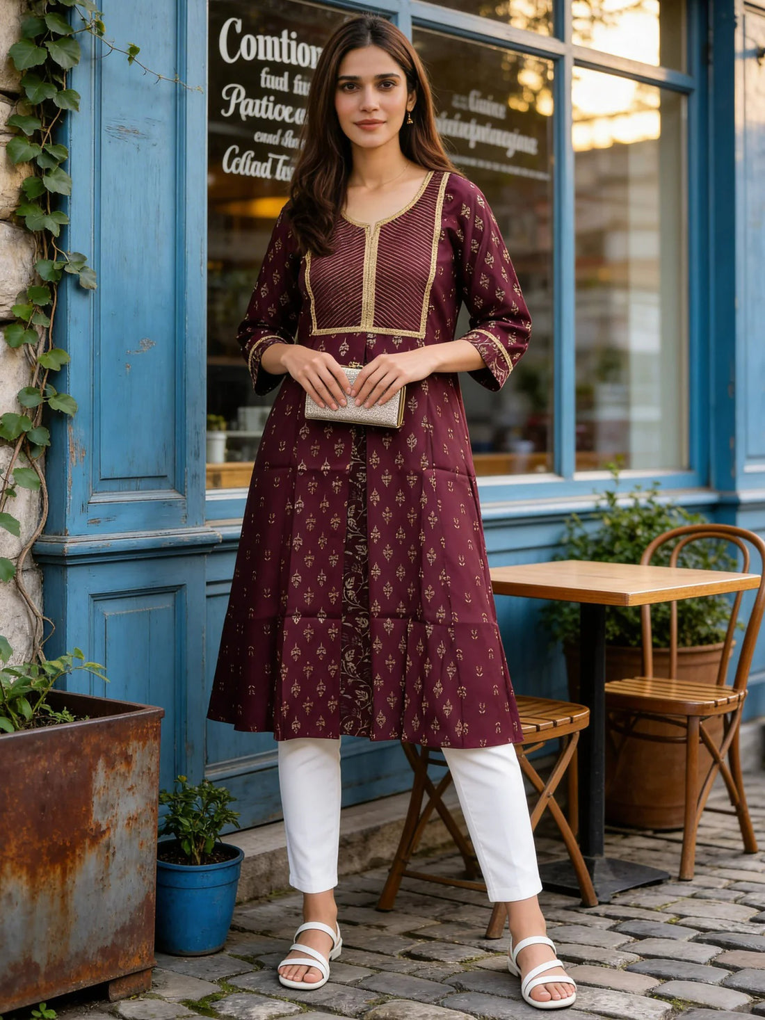 Buy Poly Viscose Embroidered Anarkali Calf Length Kurta-Wine