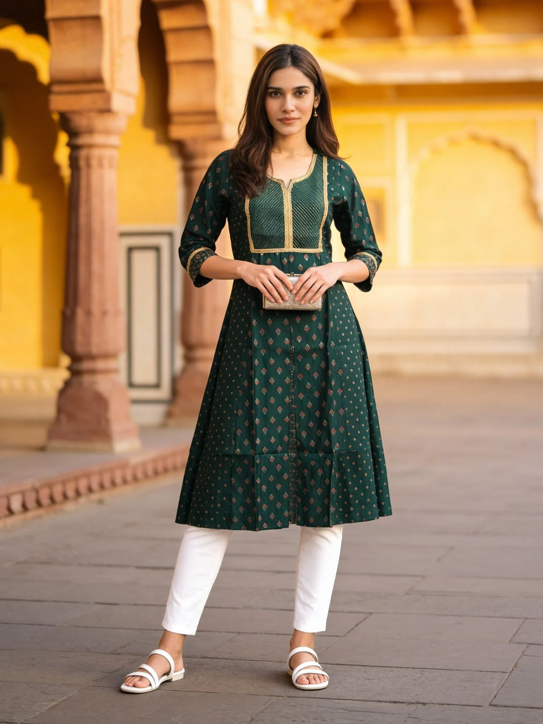 Buy Poly Viscose Embroidered Anarkali Calf Length Kurta-Green