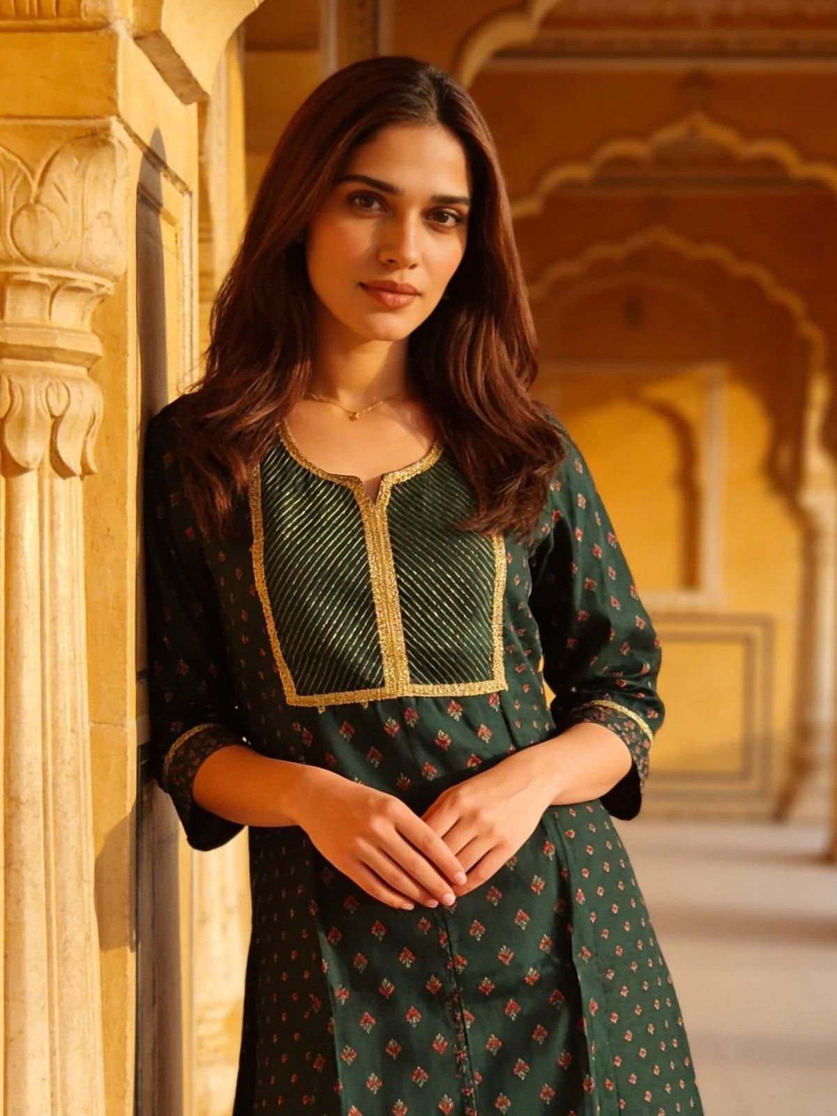 Buy Poly Viscose Embroidered Anarkali Calf Length Kurta-Green