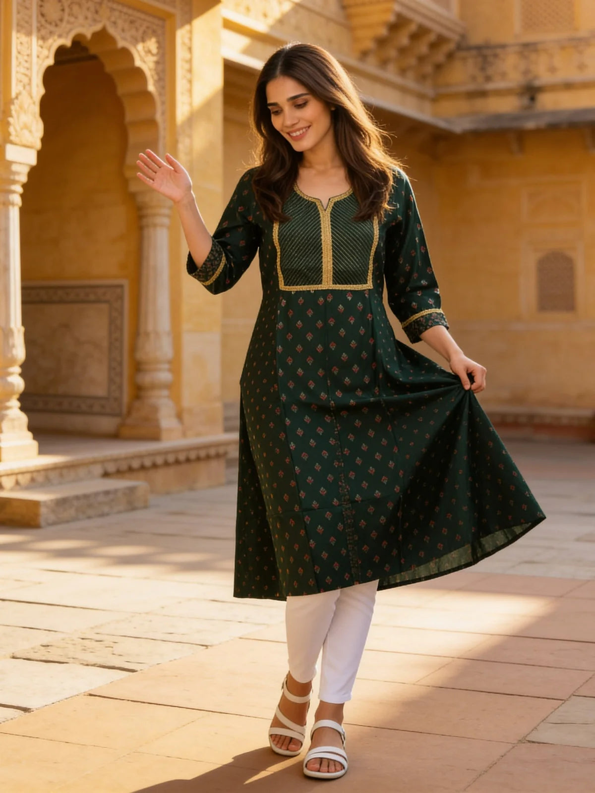 Buy Poly Viscose Embroidered Anarkali Calf Length Kurta-Green