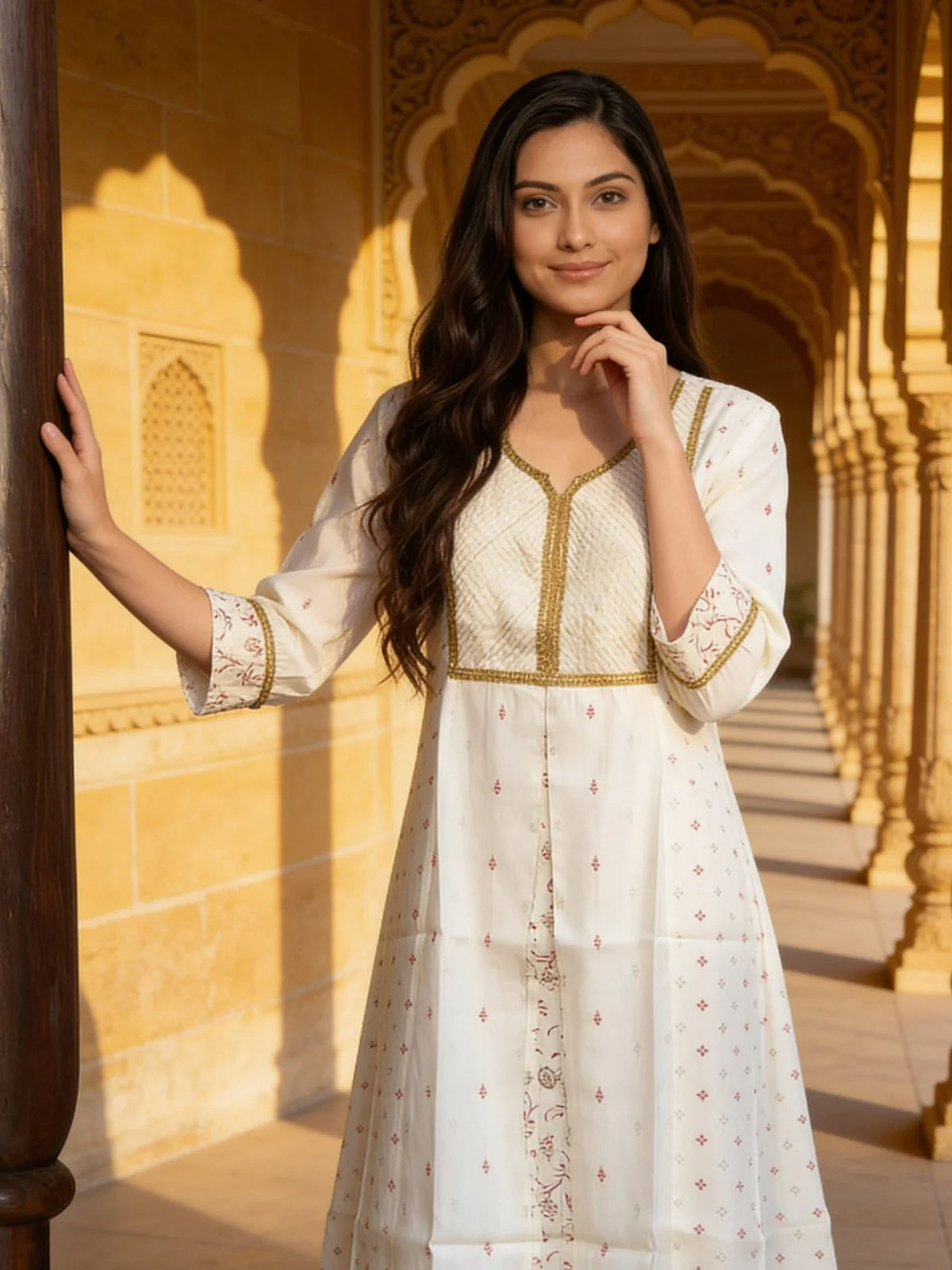 Buy Poly Viscose Embroidered Anarkali Calf Length Kurta-White
