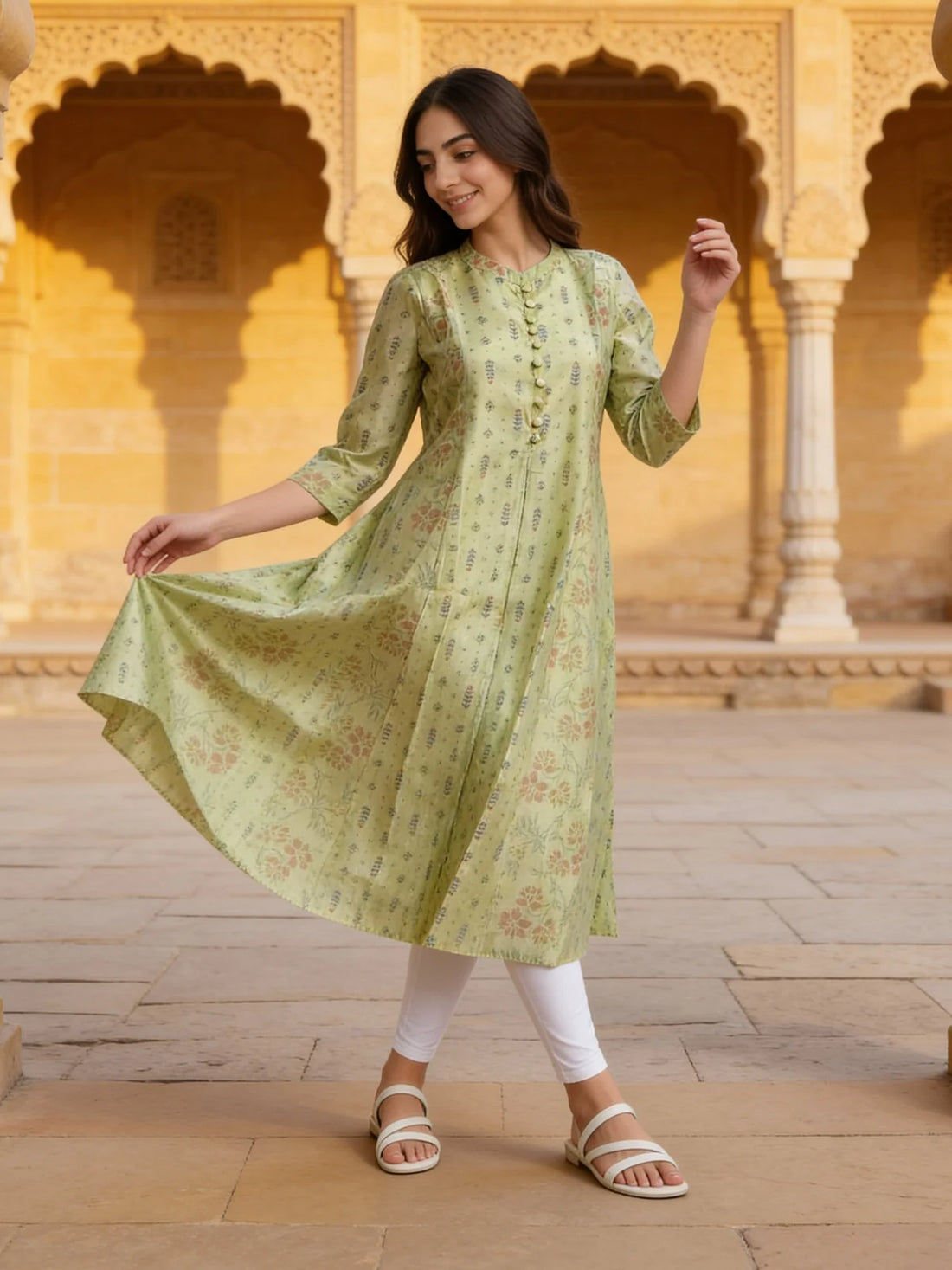 Buy Chanderi Printed Flared Calf Length Kurta-Light Green