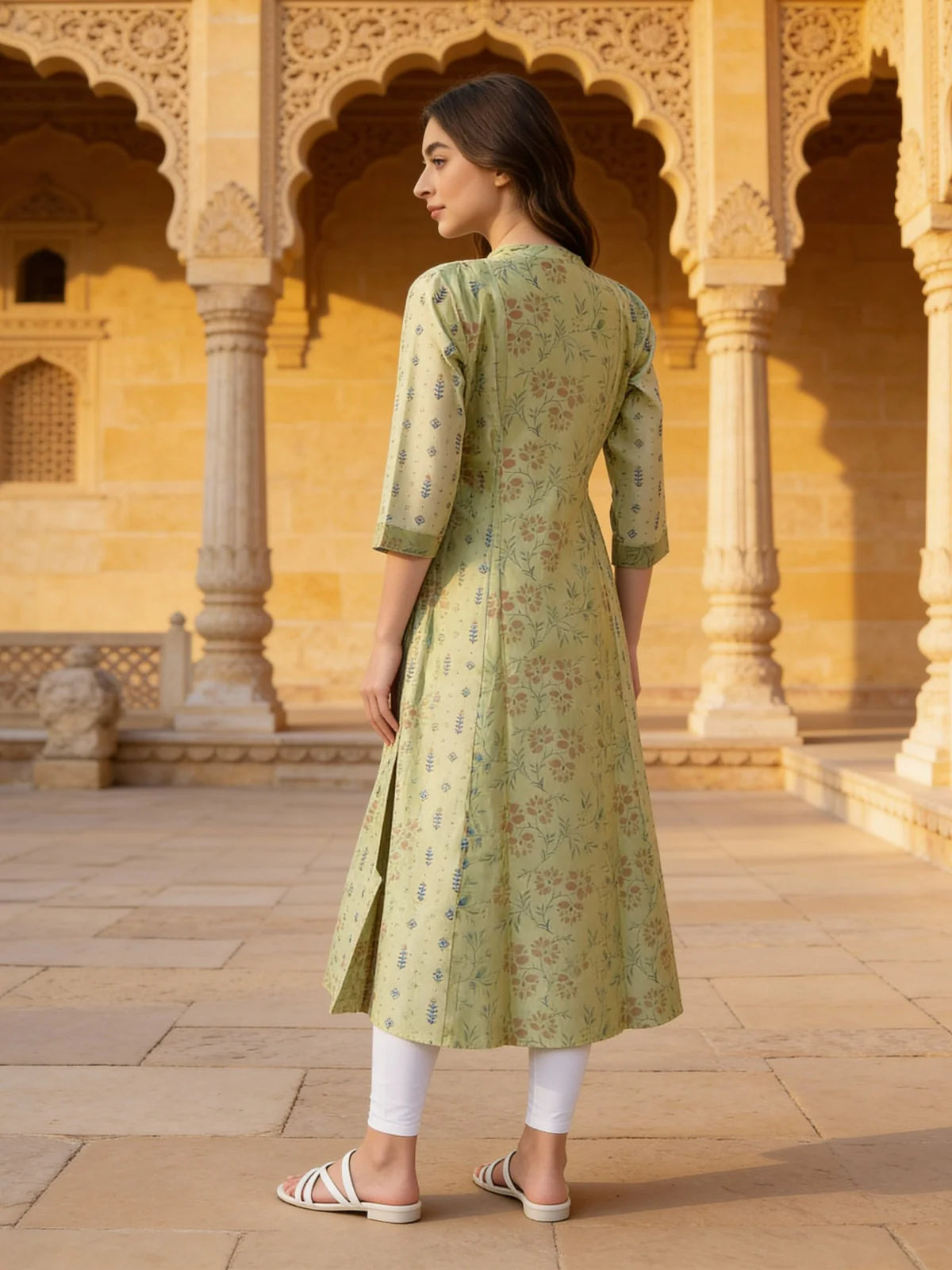 Buy Chanderi Printed Flared Calf Length Kurta-Light Green