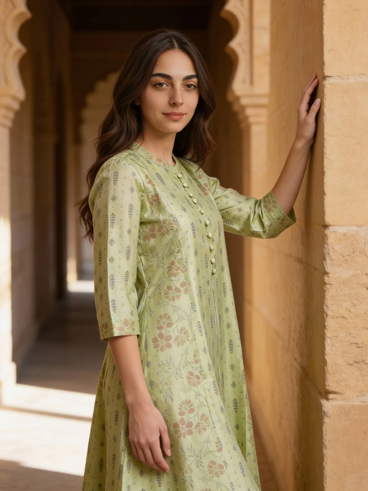 Buy Chanderi Printed Flared Calf Length Kurta-Light Green