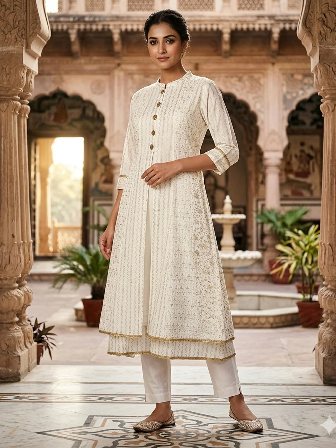 Buy Poly Viscose Printed Layered Calf Length Kurta-White