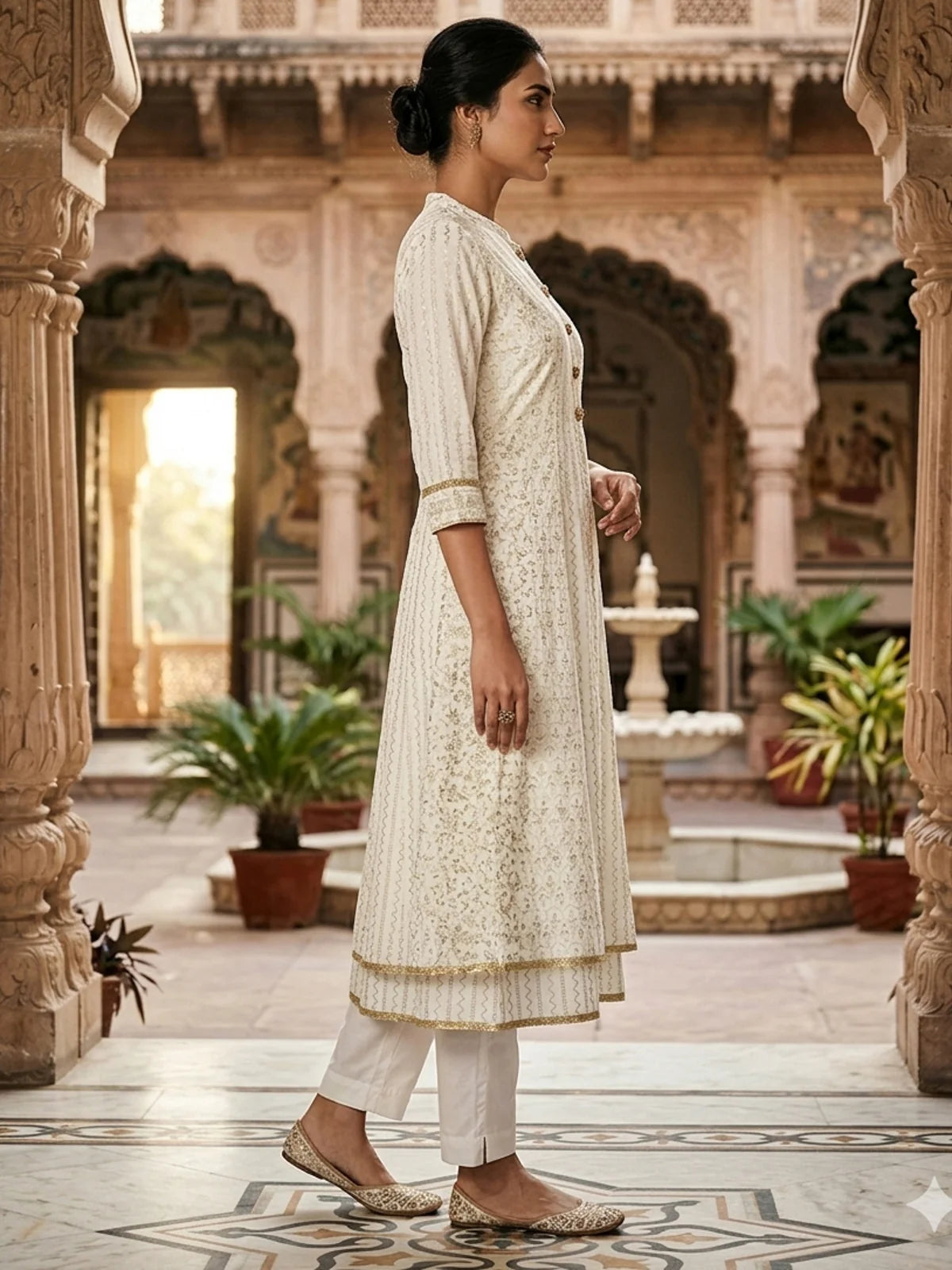 Buy Poly Viscose Printed Layered Calf Length Kurta-White