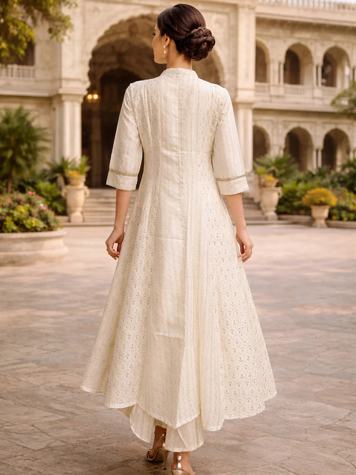 Buy Poly Viscose Printed Layered Calf Length Kurta-White