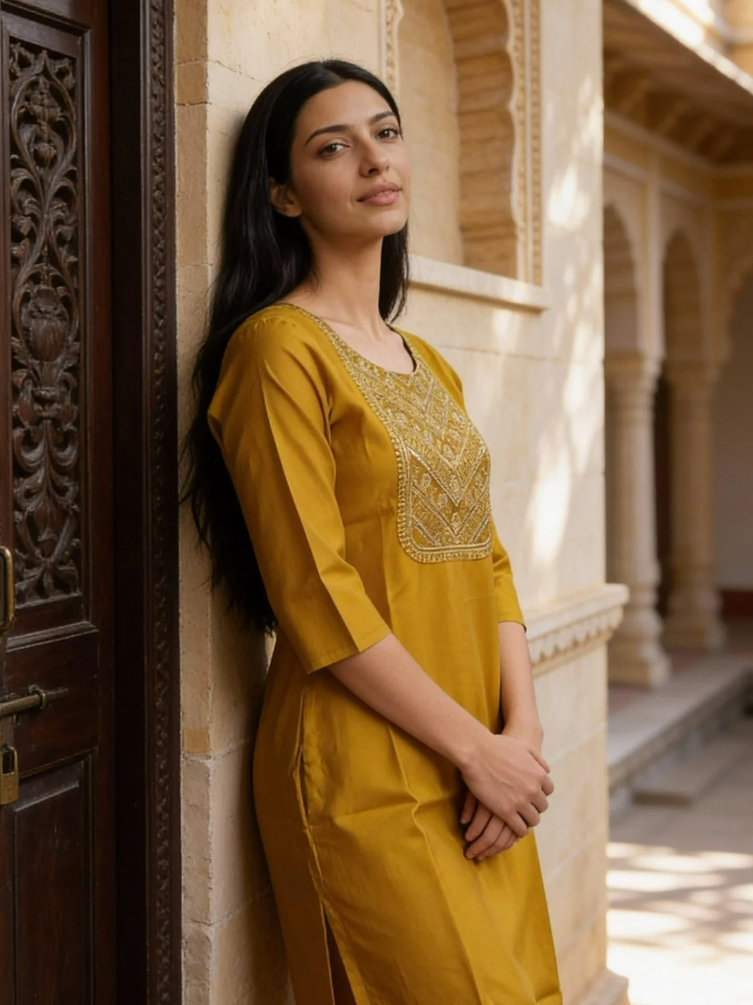 Buy Poly Viscose Embroidered Straight Calf Length Kurta-Yellow