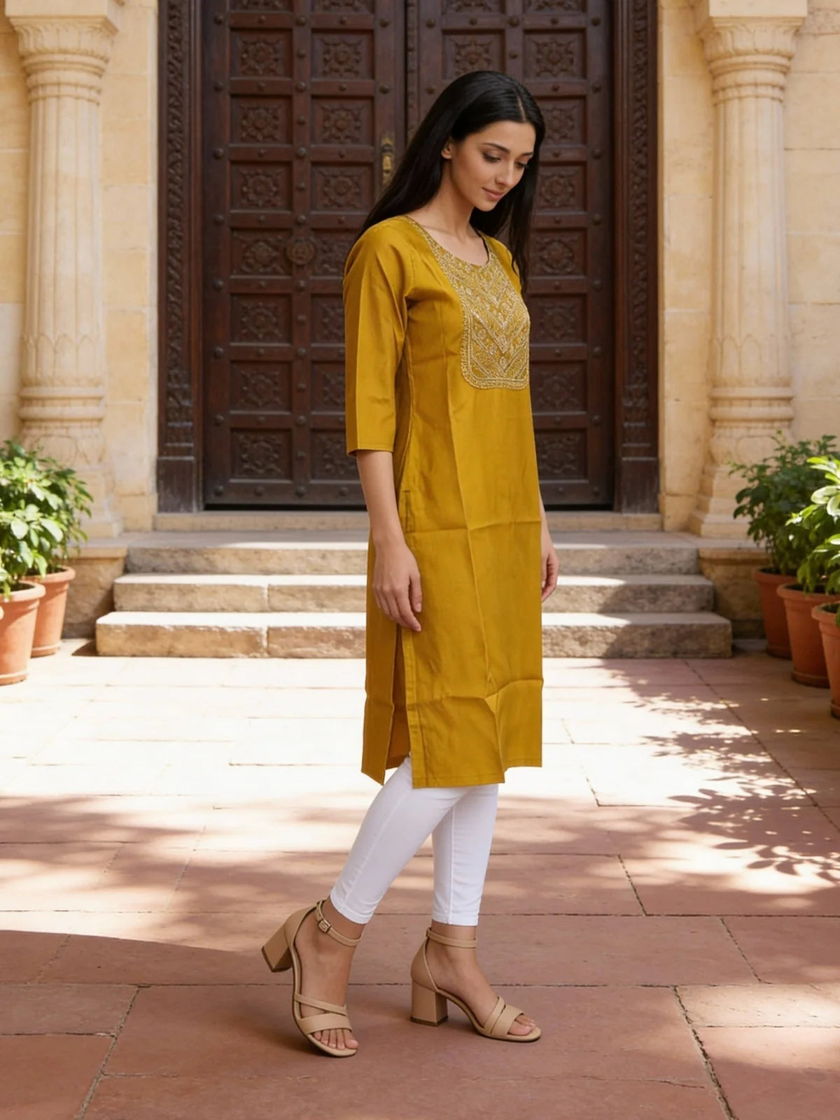 Buy Poly Viscose Embroidered Straight Calf Length Kurta-Yellow