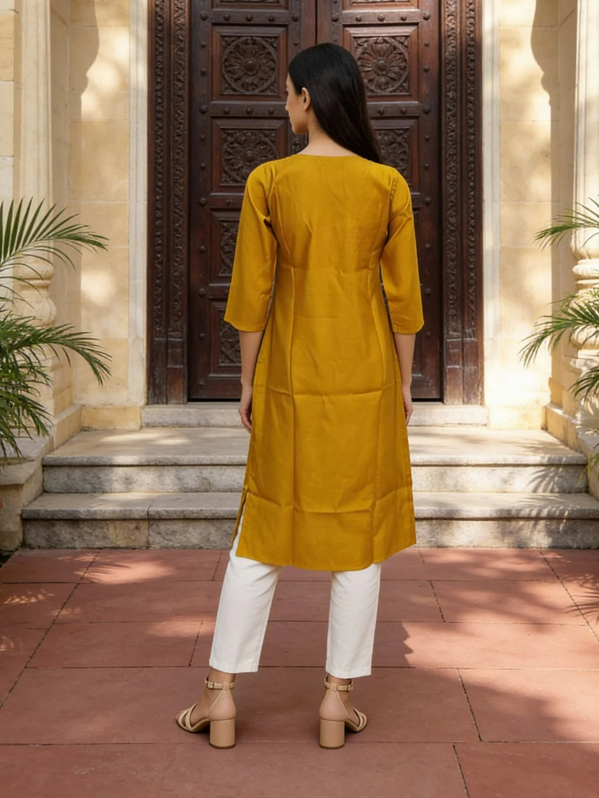 Buy Poly Viscose Embroidered Straight Calf Length Kurta-Yellow