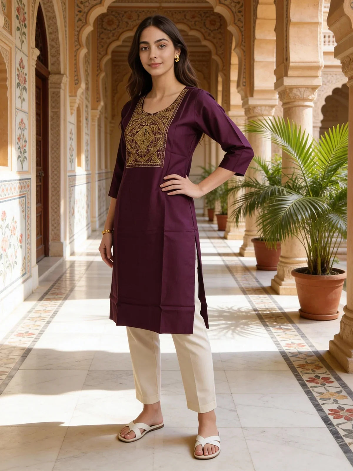 Buy Poly Viscose Embroidered Straight Calf Length Kurta-Purple