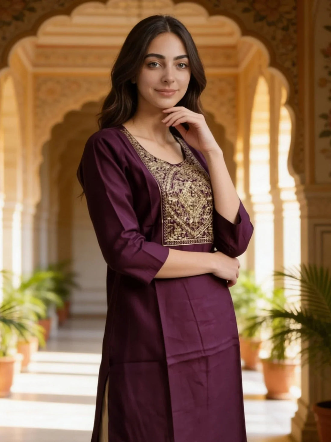 Buy Poly Viscose Embroidered Straight Calf Length Kurta-Purple