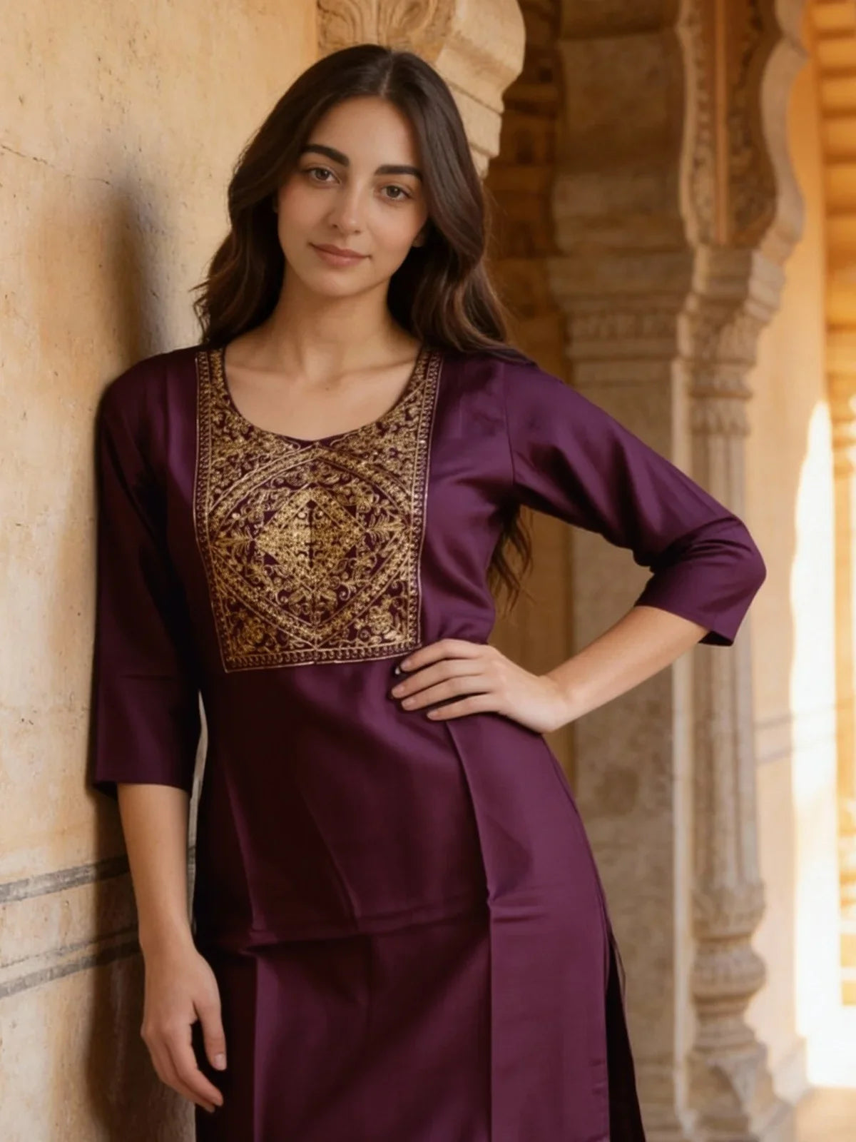 Buy Poly Viscose Embroidered Straight Calf Length Kurta-Purple