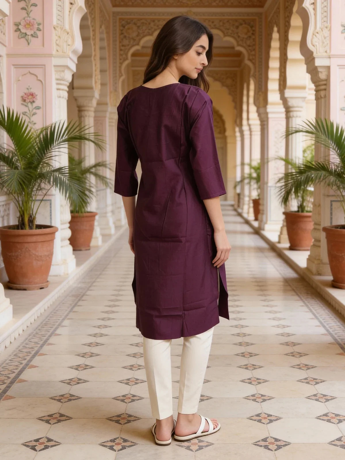 Buy Poly Viscose Embroidered Straight Calf Length Kurta-Purple