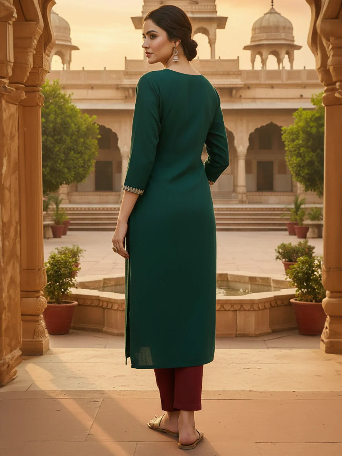 Buy Poly Viscose Embroidered Straight Calf Length Kurta-Green