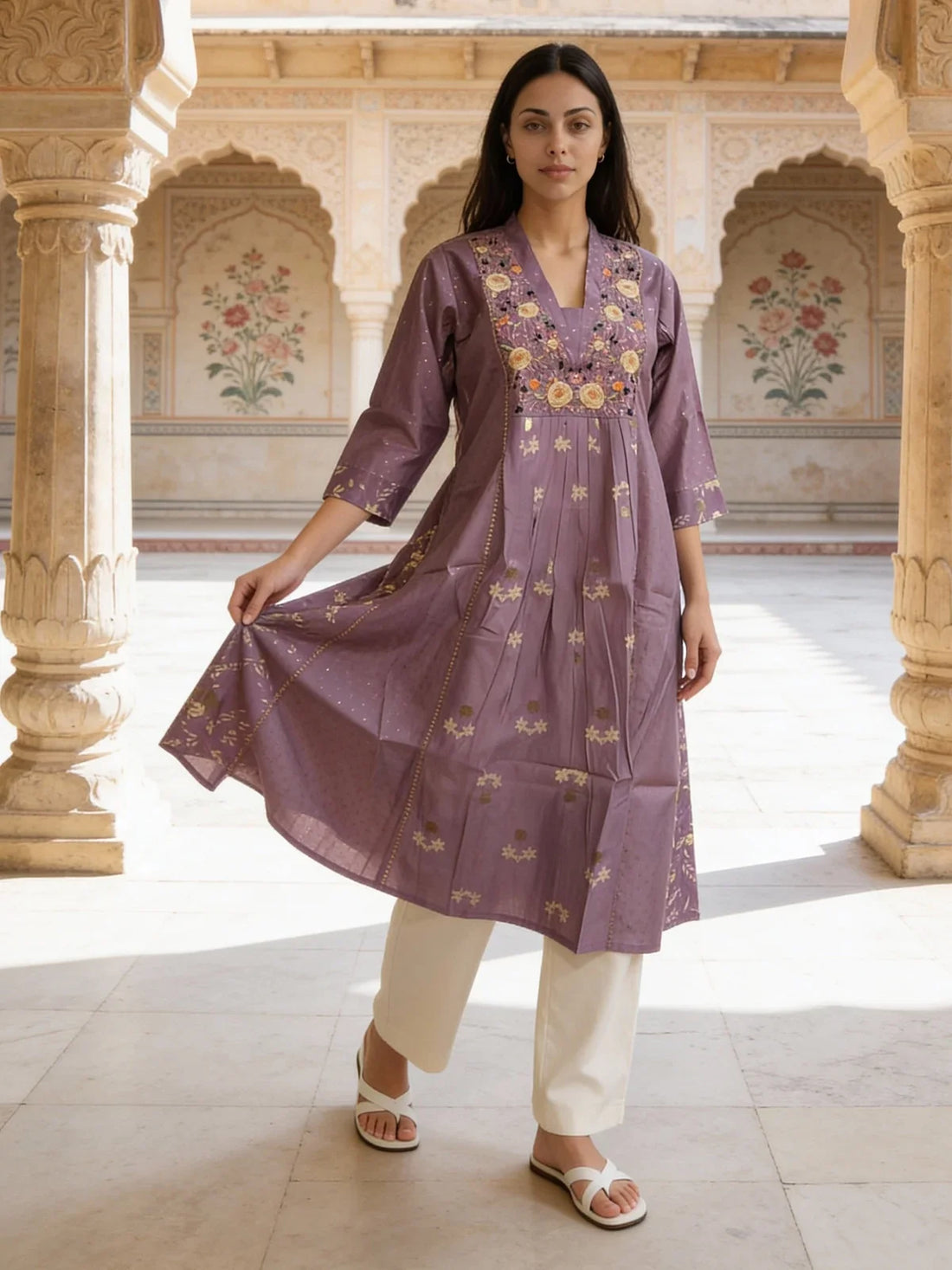 Buy Poly Viscose Embroidered Anarkali Calf Length Kurta-Lavender
