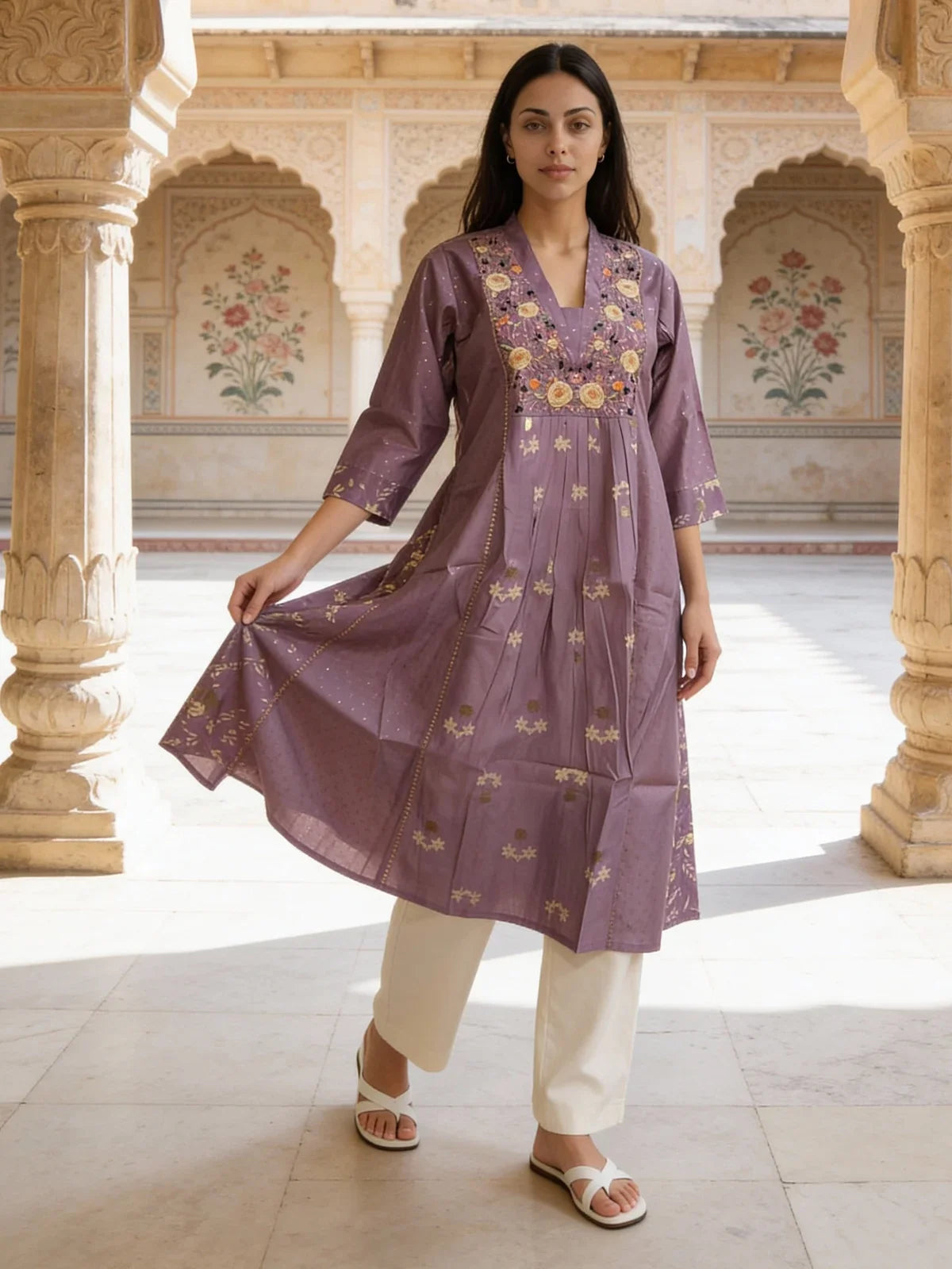 Buy Poly Viscose Embroidered Anarkali Calf Length Kurta-Lavender