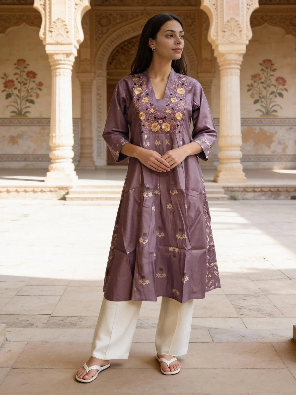 Buy Poly Viscose Embroidered Anarkali Calf Length Kurta-Lavender