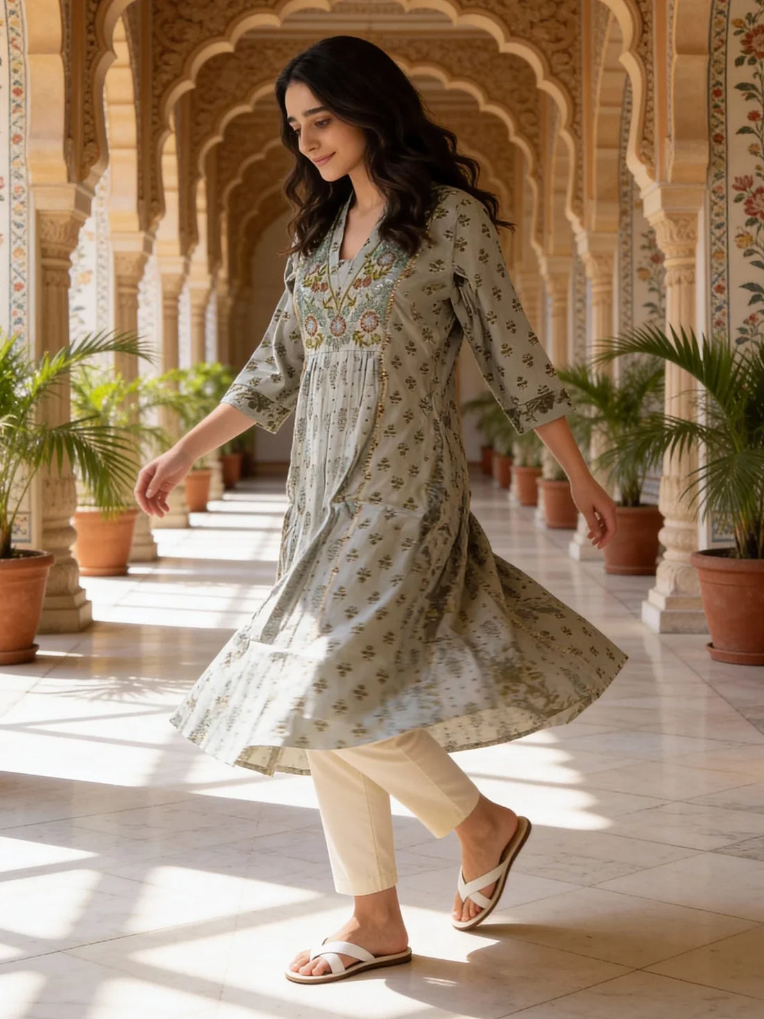 Buy Poly Viscose Embroidered Anarkali Calf Length Kurta-Pista Green