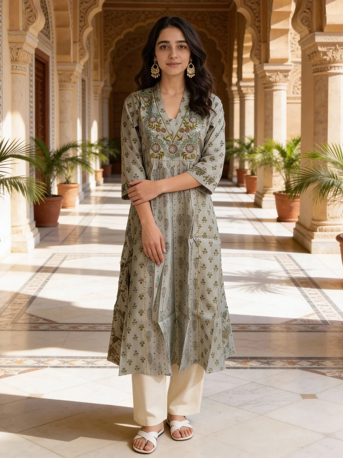 Buy Poly Viscose Embroidered Anarkali Calf Length Kurta-Pista Green