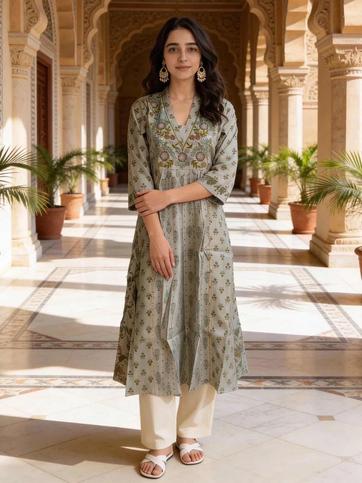 Buy Poly Viscose Embroidered Anarkali Calf Length Kurta-Pista Green