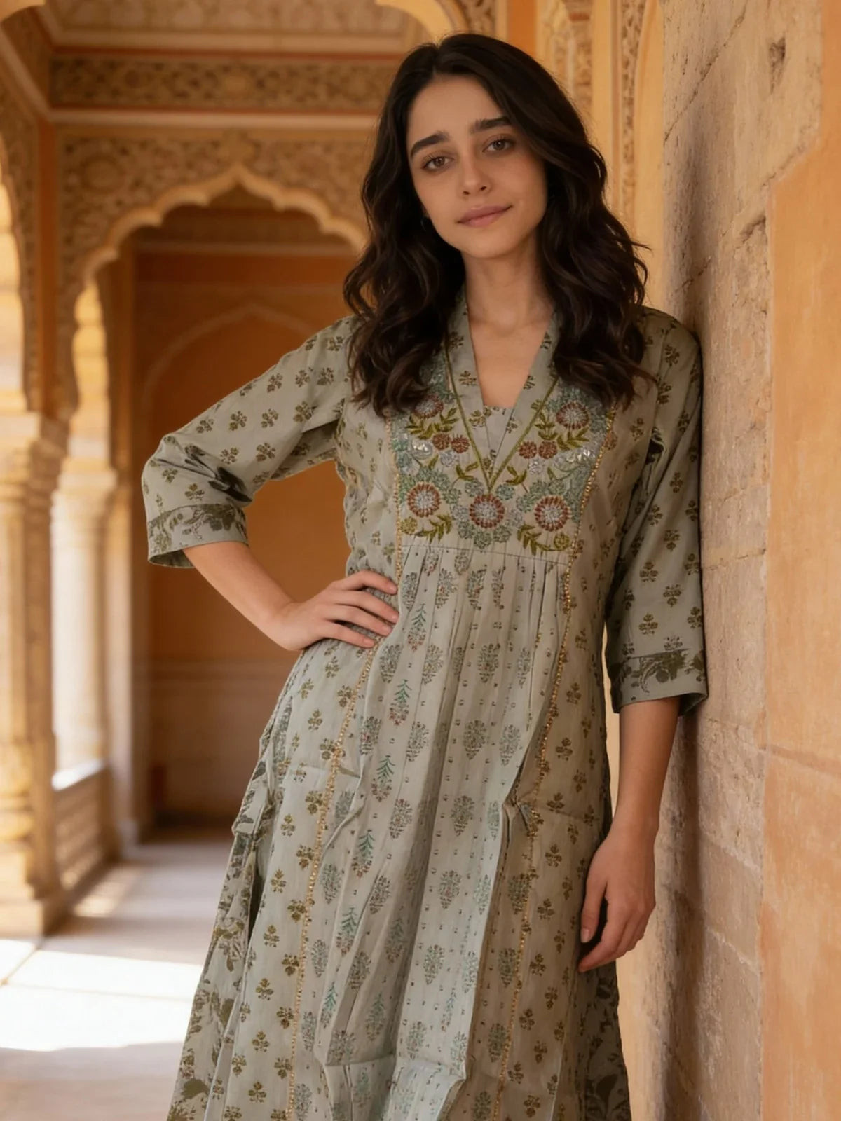 Buy Poly Viscose Embroidered Anarkali Calf Length Kurta-Pista Green