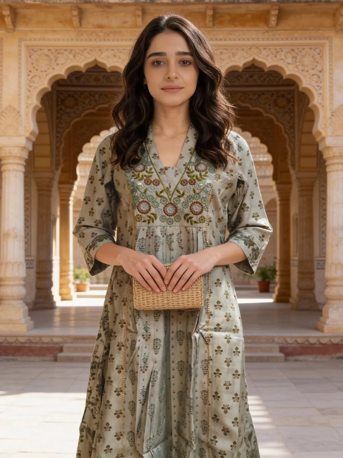 Buy Poly Viscose Embroidered Anarkali Calf Length Kurta-Pista Green