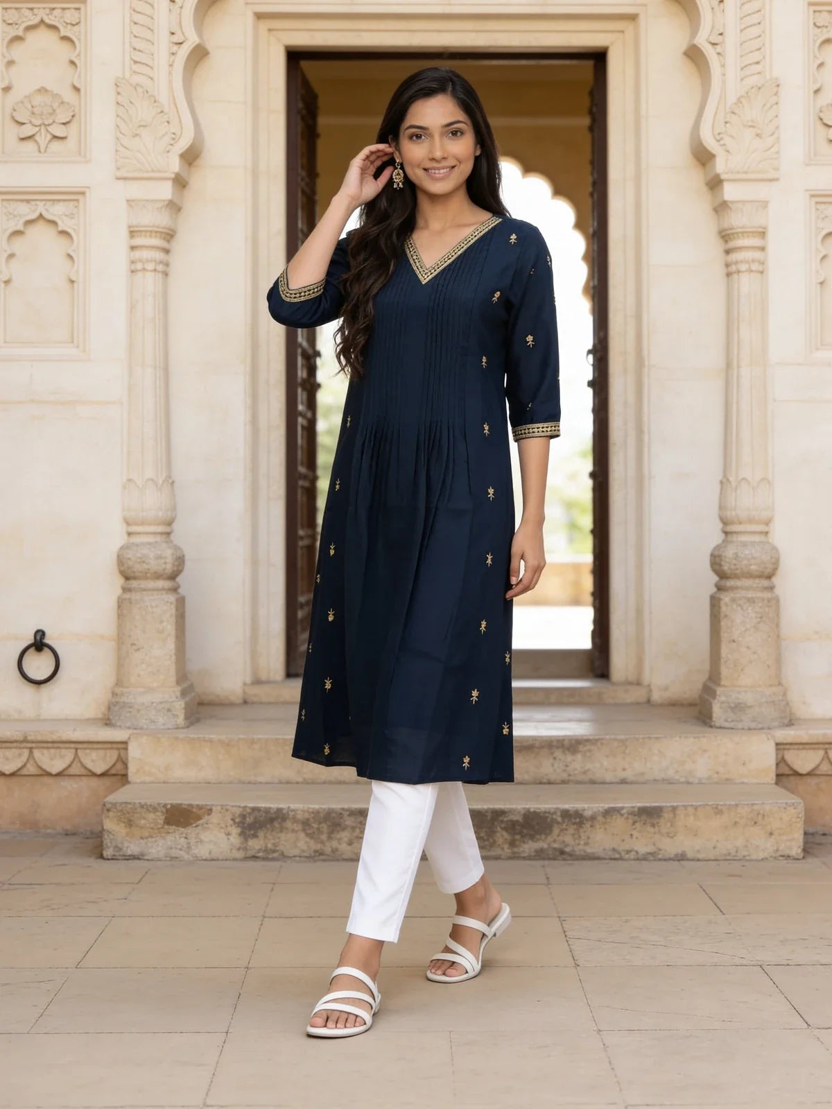 Buy Poly Viscose Embroidered Flared Calf Length Kurta-Blue
