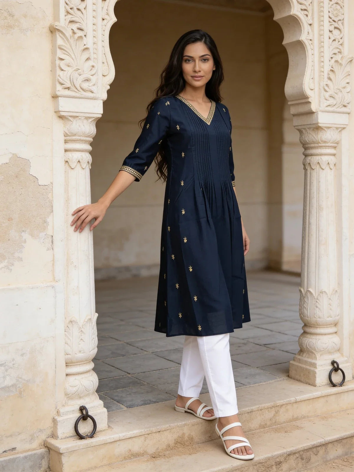Buy Poly Viscose Embroidered Flared Calf Length Kurta-Blue