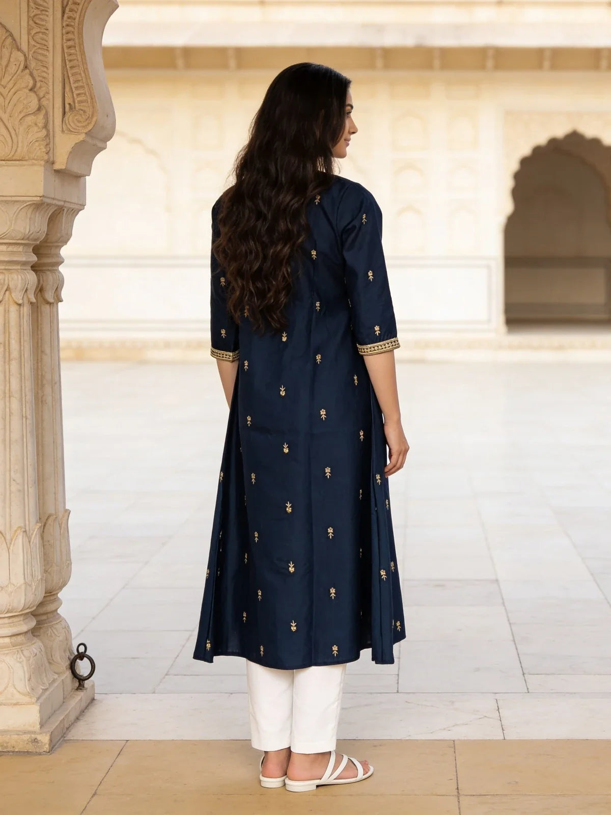 Buy Poly Viscose Embroidered Flared Calf Length Kurta-Blue
