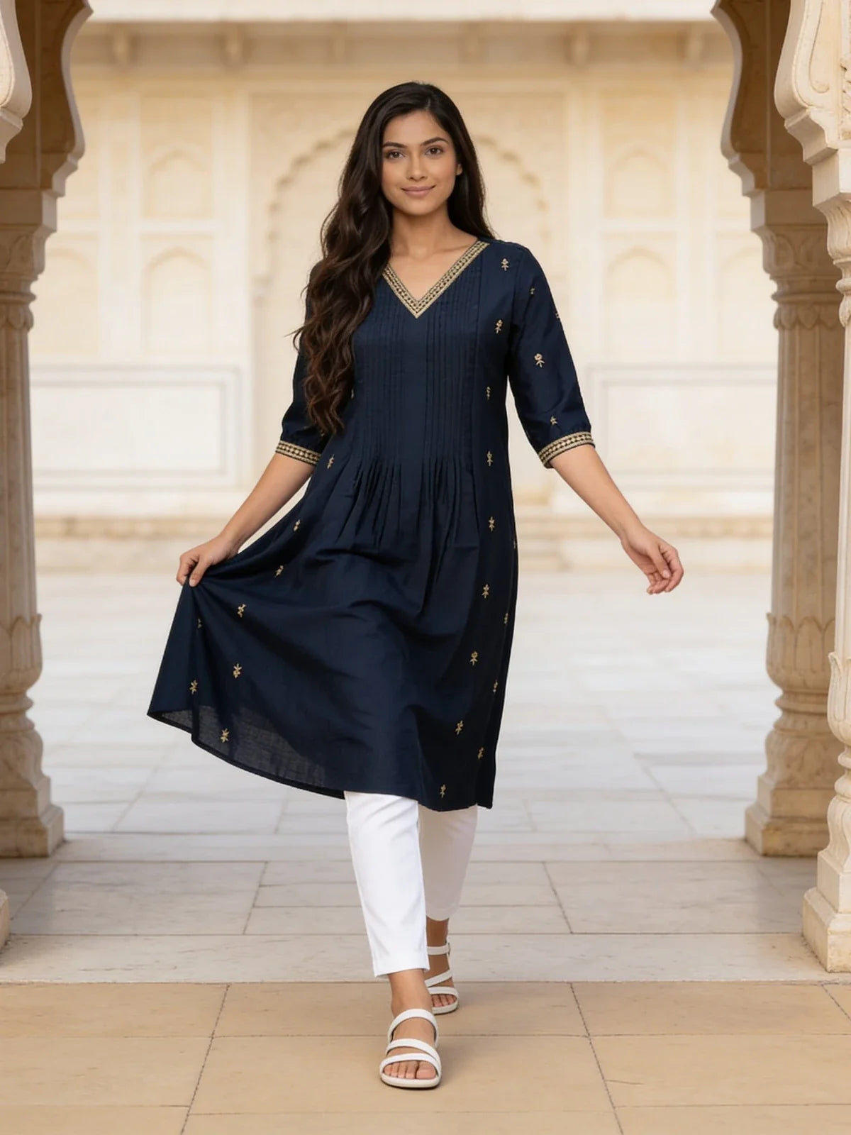 Buy Poly Viscose Embroidered Flared Calf Length Kurta-Blue