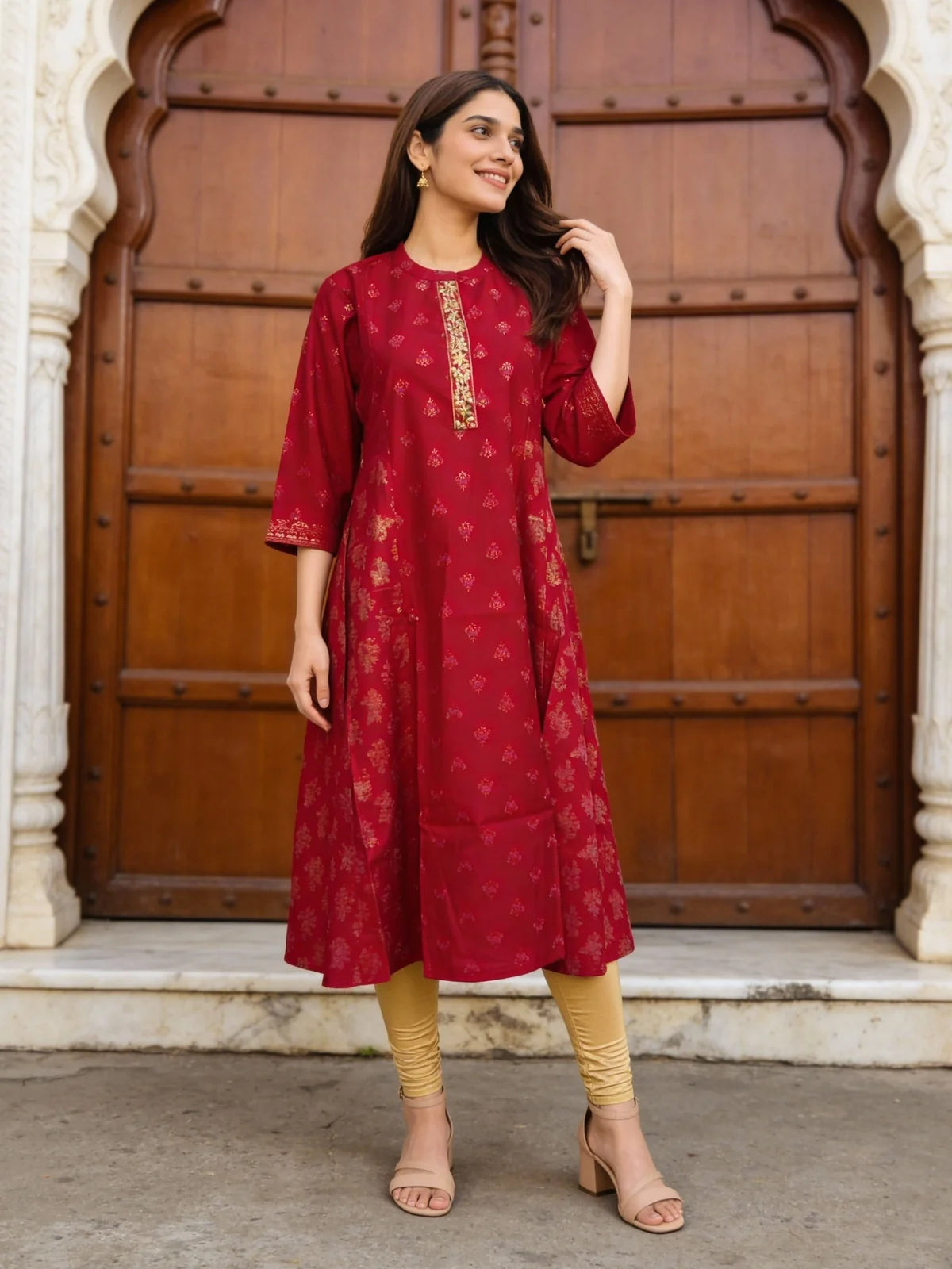Buy Poly Viscose Embroidered A-Line Calf Length Kurta-Red