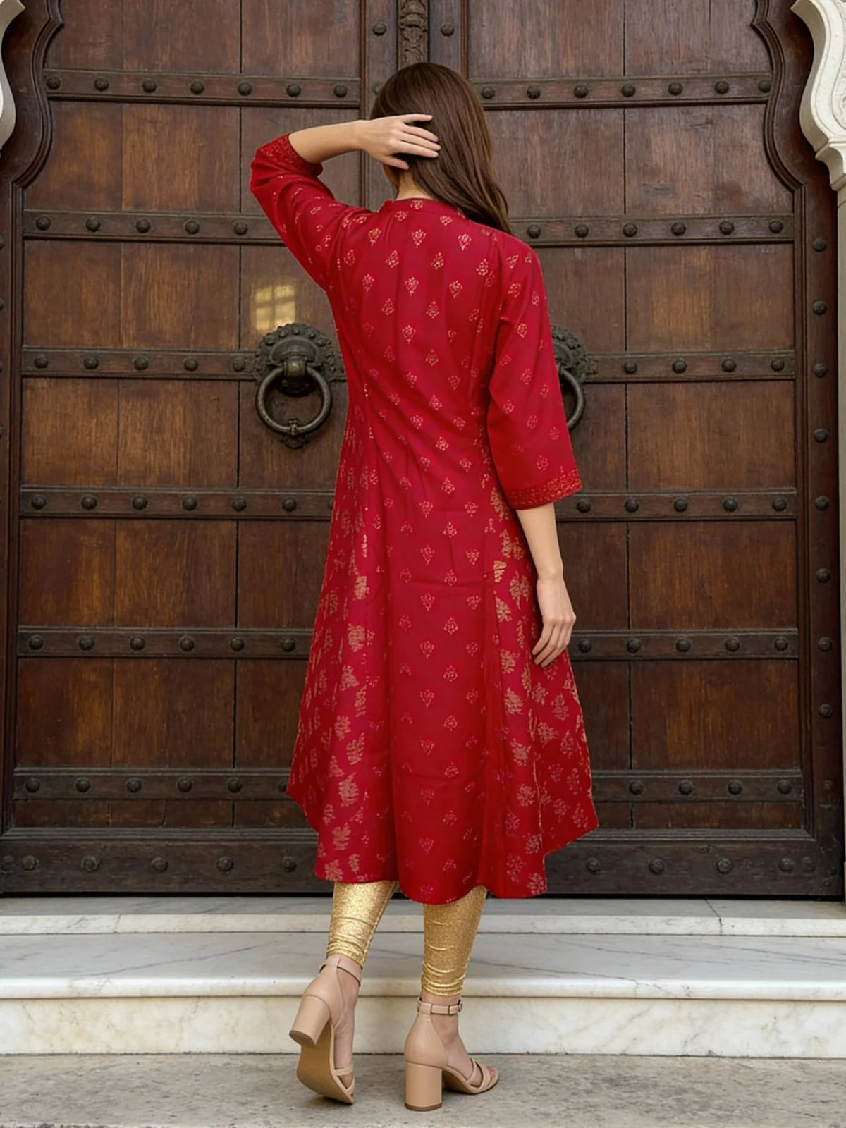 Buy Poly Viscose Embroidered A-Line Calf Length Kurta-Red