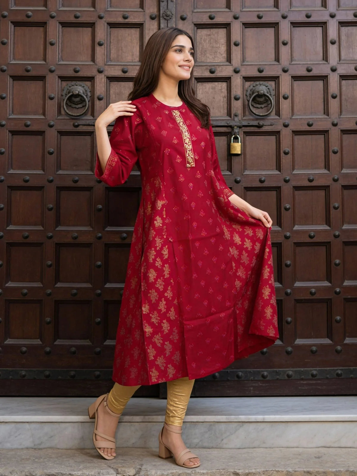 Buy Poly Viscose Embroidered A-Line Calf Length Kurta-Red