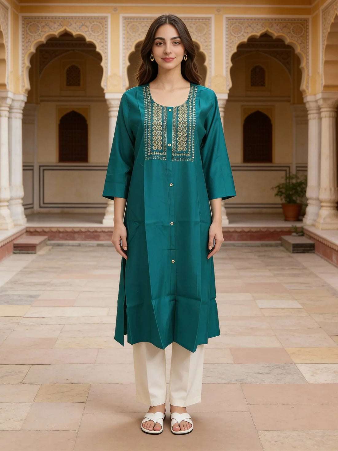 Buy Poly Viscose Embroidered A-Line Calf Length Kurta-Turquoise