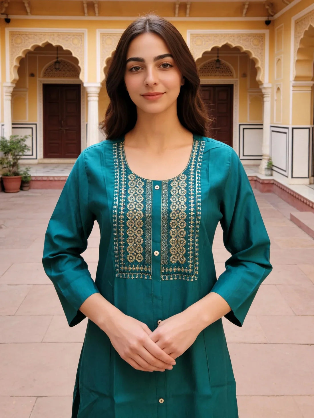 Buy Poly Viscose Embroidered A-Line Calf Length Kurta-Turquoise